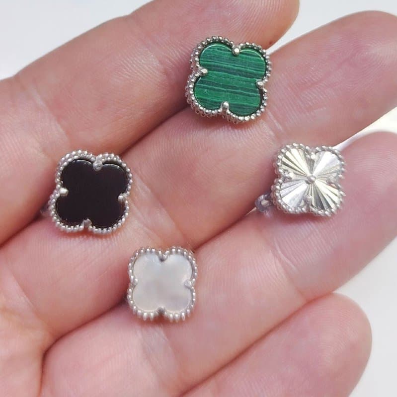 Серебряные серьги Van Cleef 925 проба белые, черные, зеленые, серебряные